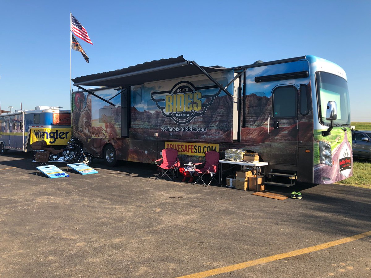 SDPublicSafety's tweet photo. The #SDRides semi truck/trailer has been a visible attraction at the Buffalo Chip Campground during this week's @SturgisRally. Another way to help encourage motorcycle riders to be safe. #SDRides is a program of the @SDPublicSafety's Office of Highway Safety! #DriveSafeSD https://t.co/JkURf2zAep