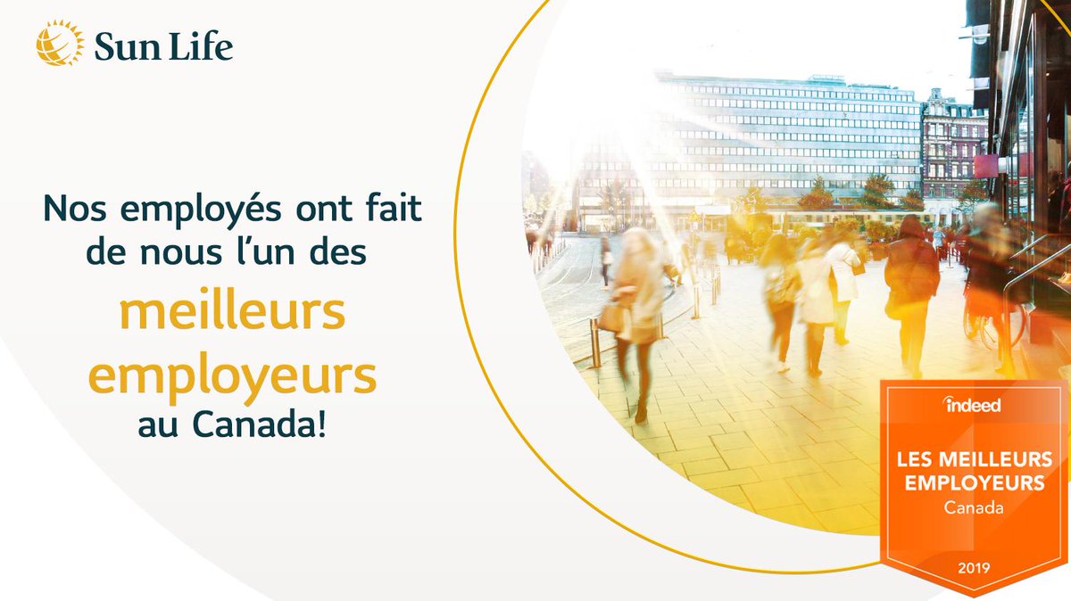 SunLifeQC's tweet photo. Nous sommes fiers de figurer pour une 3e année consécutive au palmarès @indeed des meilleurs employeurs #Canada! L’expérience que nous offrons aux employés et notre culture d’entreprise font de la Sun Life un endroit génial où travailler. https://t.co/Qb2vUJn9gS #EquipeSunLifeQC https://t.co/PL7THUVShm
