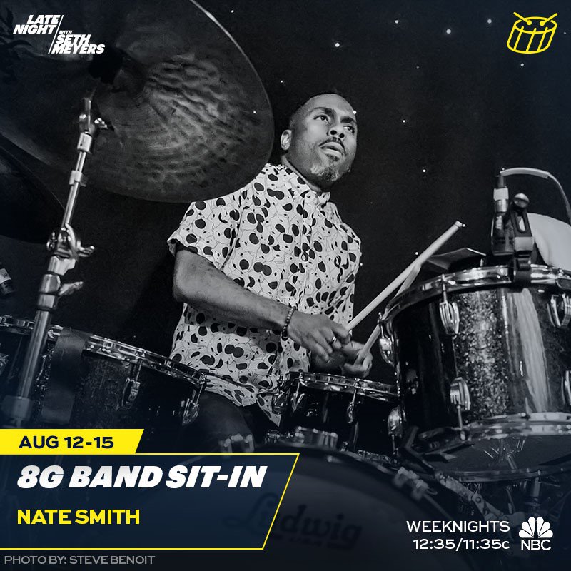 The great @NateSmithDrums is the latest guest drummer on the Late Night with Seth Meyers, Aug 12 - 15! #LudwigDrums #LudwigArtist #LateNightSethMeyers