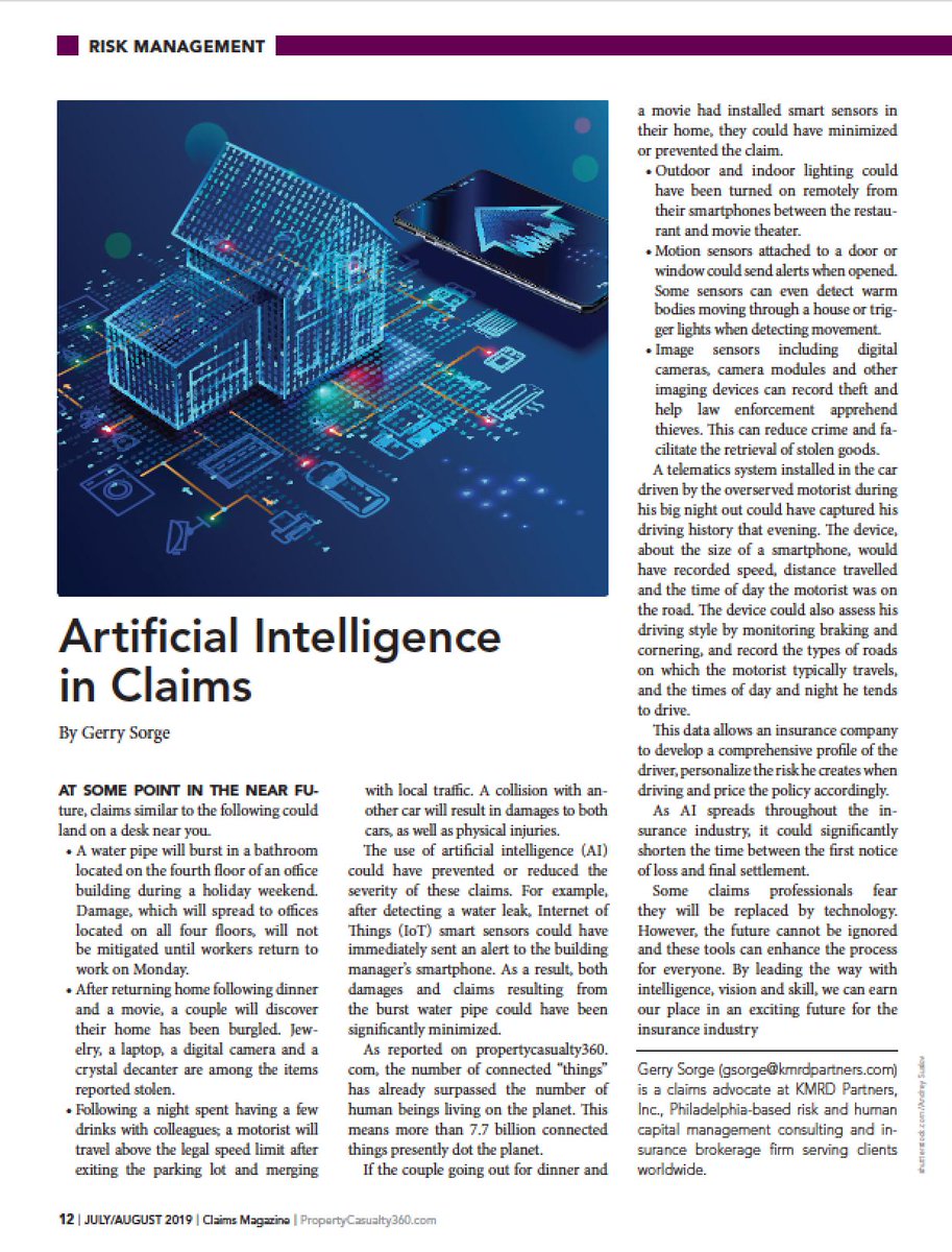 rivercomm357's tweet photo. I enjoyed reading these thoughtful observations regarding artificial intelligence and claims management in NU Claims by Gerry Sorge, a Claims Advocate at KMRD Partners, a leading Philadelphia-based risk and human capital management consulting and insurance brokerage firm. https://t.co/2cfJSiUhz7