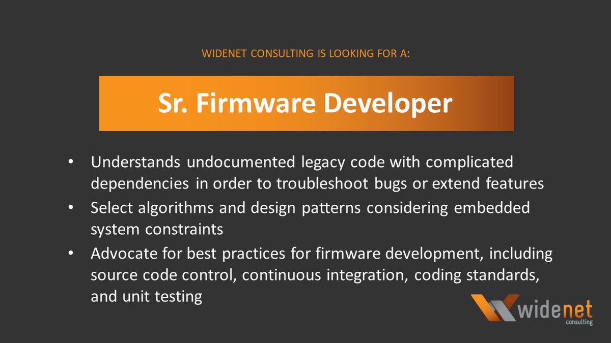 WideNetConsult's tweet image. We are looking for a Firmware Developer in the Greater Seattle Area! If you, or someone you know, is interested, check out the full job description here: widenet-consulting.com/careers/
#FirmwareDeveloper #ITRecruiting #ApplyNow #WideNetConsulting