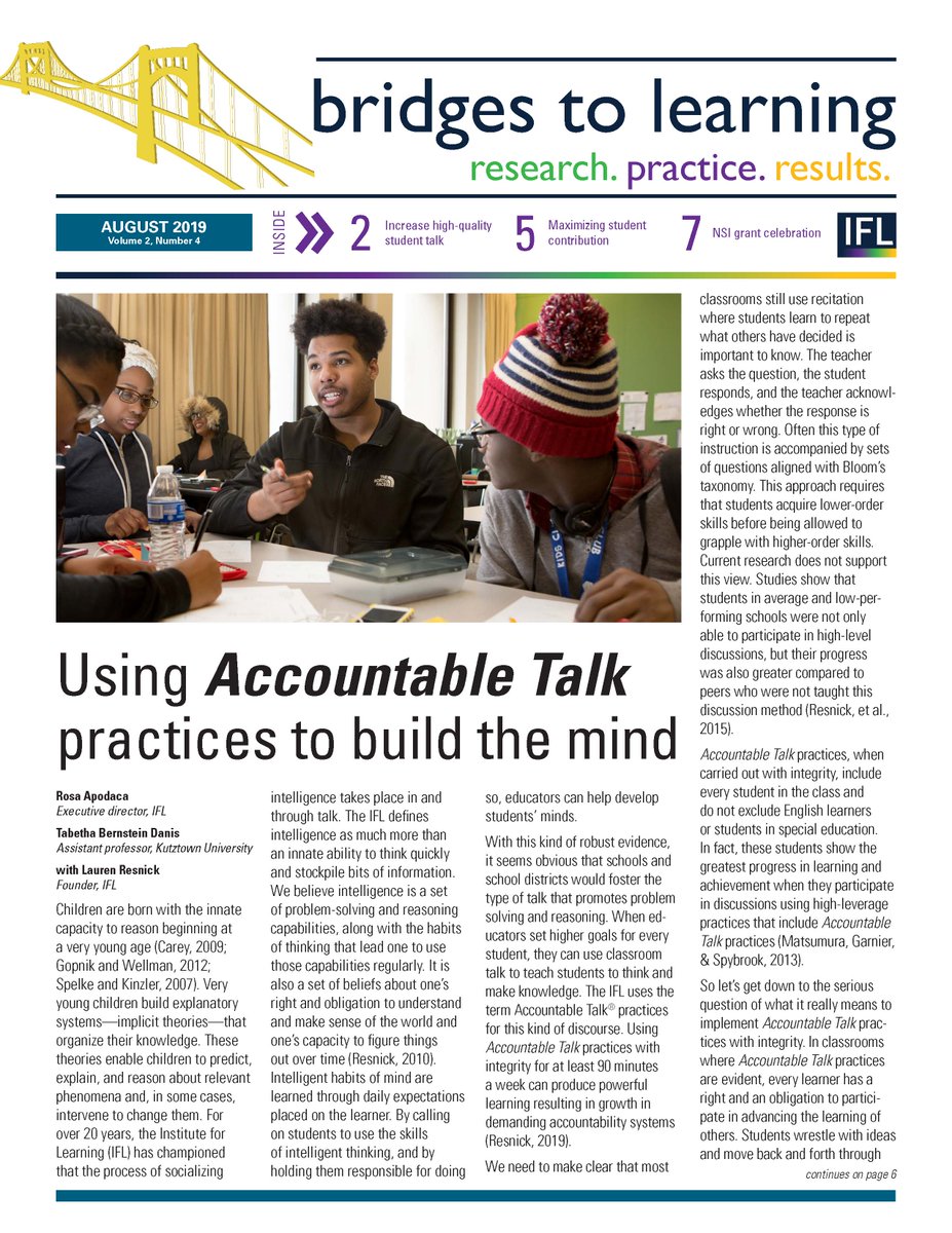 IFL_Pitt's tweet photo. Using Accountable Talk practices to build the mind. @PittTweet's Lauren Resnick talked with @Mita11Rosita @TabethaD about the power of talk for supporting deep learning in the August edition of #BridgestoLearning newsletter. https://t.co/YeQB5khOEZ https://t.co/dwDgLNkxM8