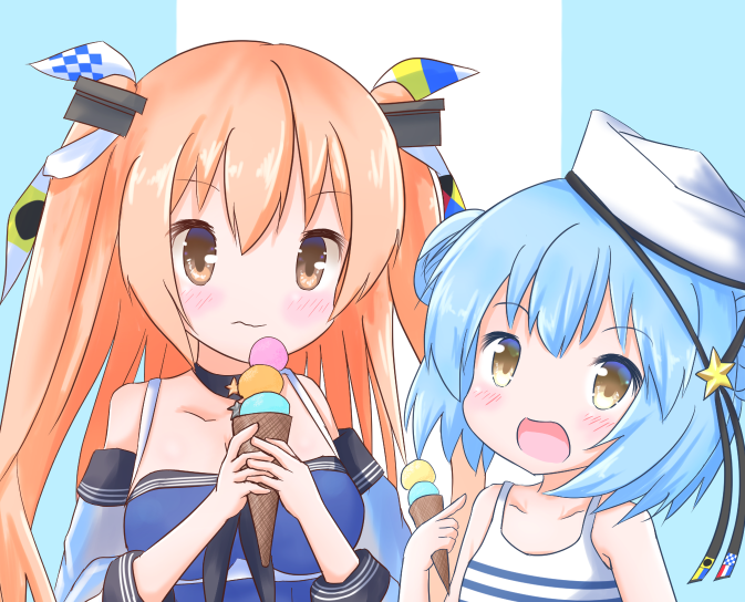 ジョンストン(艦これ) ,サミュエル・B・ロバーツ(艦これ) 「【+α】 昨日の夜サムとジョンの水着ポスカ錬成したのでサム本手にとってくれた人に」|永風とばる🍃1日目(土)西は-08bのイラスト