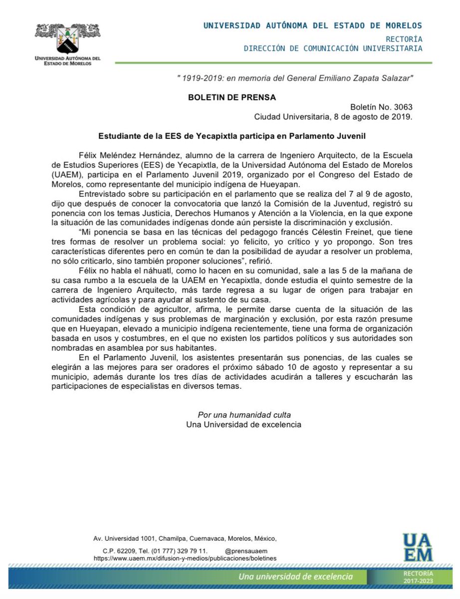 prensauaem's tweet photo. #BOLETIN Estudiante de la EES de Yecapixtla #UAEM participa en Parlamento Juvenil #Morelos @uaemorelos https://t.co/hJU3FUczhT https://t.co/YcnRwrO5RF