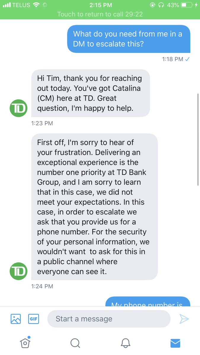 YourRealtorTim's tweet image. So you respond on Twitter and tell me I’ll get a call in two days. Is this a joke? @TD_Canada