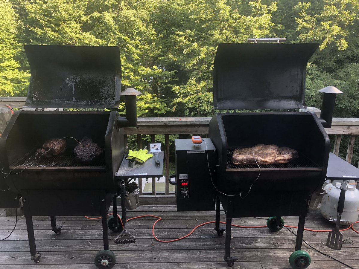 SteelCon5's tweet photo. My wife asks “who brings ‘a’ smoker on vacation. My response ‘not sure, but we’re bringing 2” @GMGrills @meathead #pulledpork #brisket #meatsweats #smokeshow #collegereunion https://t.co/MvY8ouBGp0