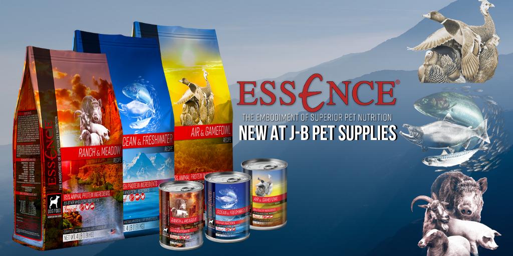 Brand new at J-B Pet Supplies! Essence dog and cat food is made with the highest quality ingredients and loaded with animal proteins. Essence brings your pets closer to nature. Formulated from the very Essence of nature, this is the next generation of pet food.