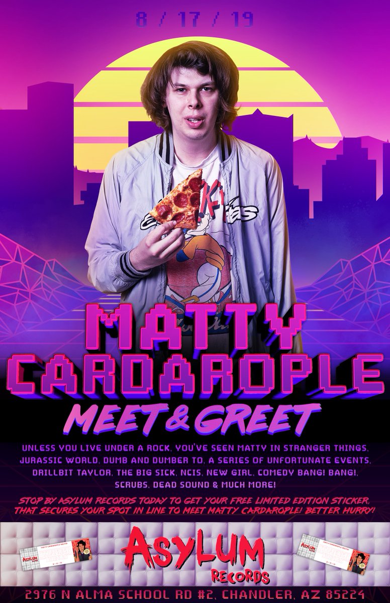 HI EVERYONE, Next week, Aug 17th at noon till 5pm, we will be having Matty Cardarople " Keith " from Stranger Things, come into the store and pick up your FREE entry ticket before they are gone.