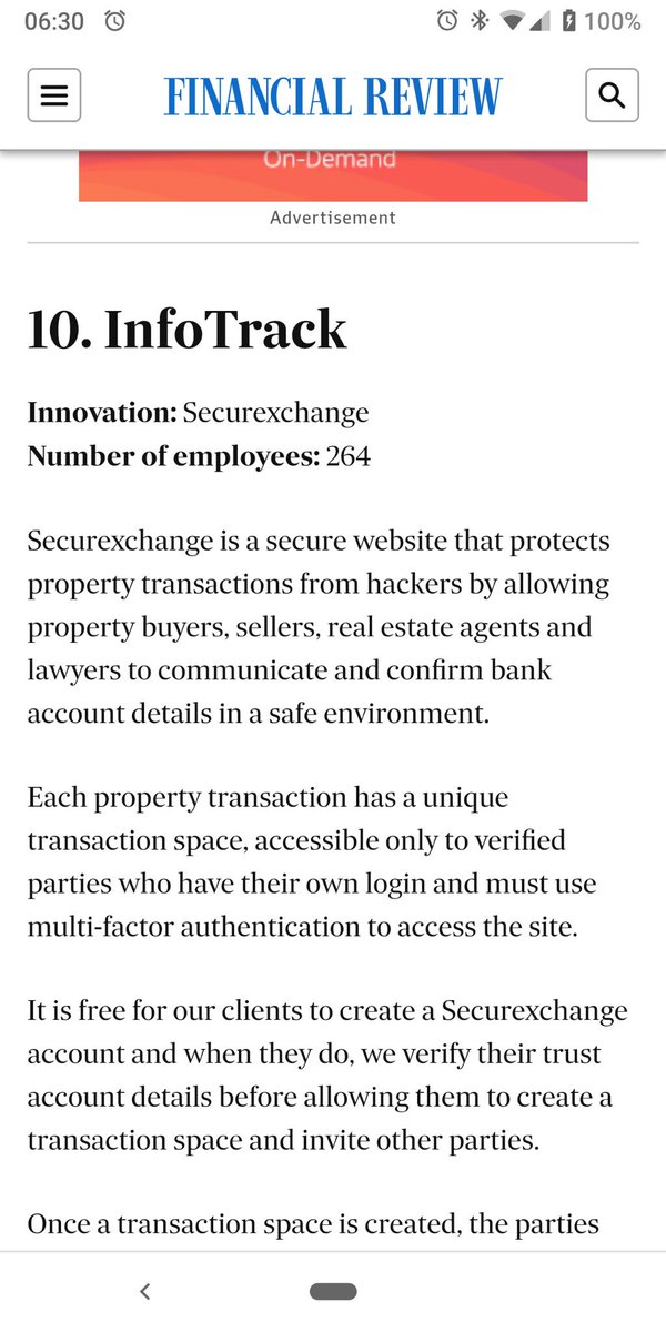 InfoTrack_AUS's tweet photo. Today, InfoTrack has been named #10 on the 2019 AFR BOSS Most Innovative Companies List as a leading innovator in technology across Australia and New Zealand.
Create a Securexchange account today: https://t.co/3udAYWdqXy
#innovative19 #LeadingInnovatorInTechnology @Inventium https://t.co/AJzaYzTQHn