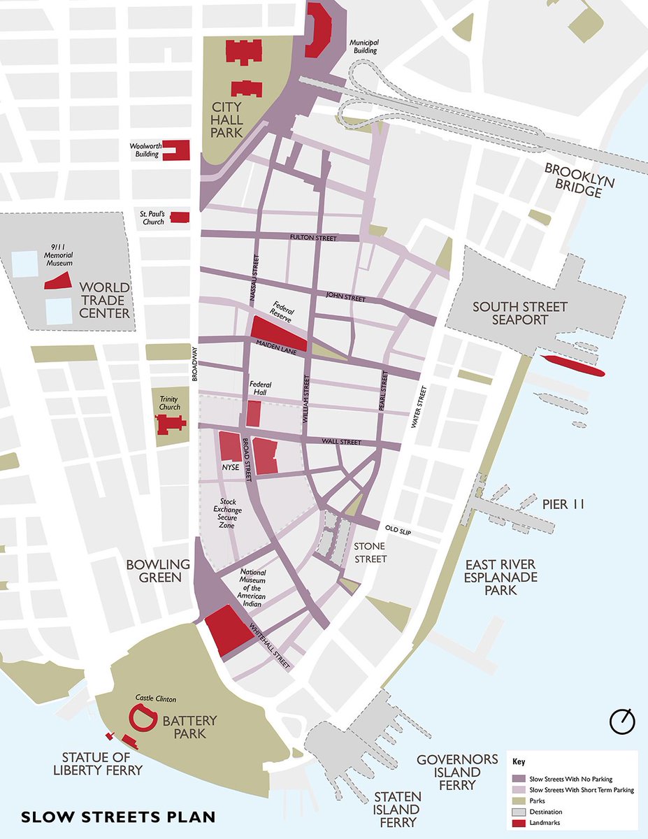 It's time to embrace slow streets. Cars are a joke in dense urban places - in Manhattan they move on average at 4.7 miles an hour (what a waste of time, space and fuel!). So, new thinking: a plan for lower Manhattan embraces walking, cycling and transit as the mobility system.