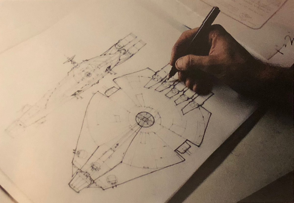 3. A preliminary Johnston drawing, likely from after Lucas’s Nov. 1975 flight, shows a disc-shaped hull with a centered cockpit and the unhamburger-like long neck/engine package from the previous Falcon design.(image from The Art of  #SoloAStarWarsStory)  #StarWars