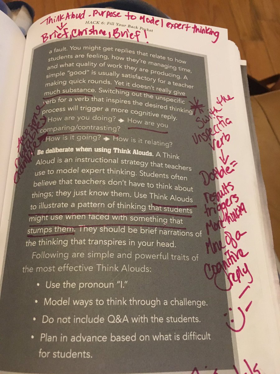 ChristineBemis2's tweet photo. @mjjohnson1216 I’m going to start with being more deliberate w/Think Alouds... will help me as a practioner to model the thinking process/problem solving #expertthinking #hackingquestions #brief #deliberate @conniehamilton ##BookCampPD p. 129 😊 https://t.co/uFCNTFIB1b