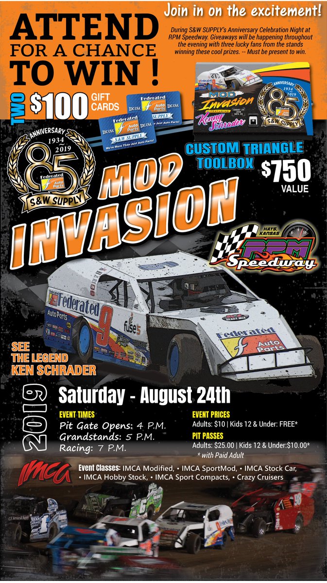 SWSUPPLY1's tweet photo. SAVE THE DATE !  August 24 • RPM Speedway | Can't win if you don't attend. Here's an opportunity for the fans in the stands. -- Buy a GA ticket receive a chance to win drawing ticket. Must be present to win... so BE THERE !!!     @RPM_SP33DWAY @DirtModifieds @ThreeWideMedia https://t.co/eKJUlDdFHn