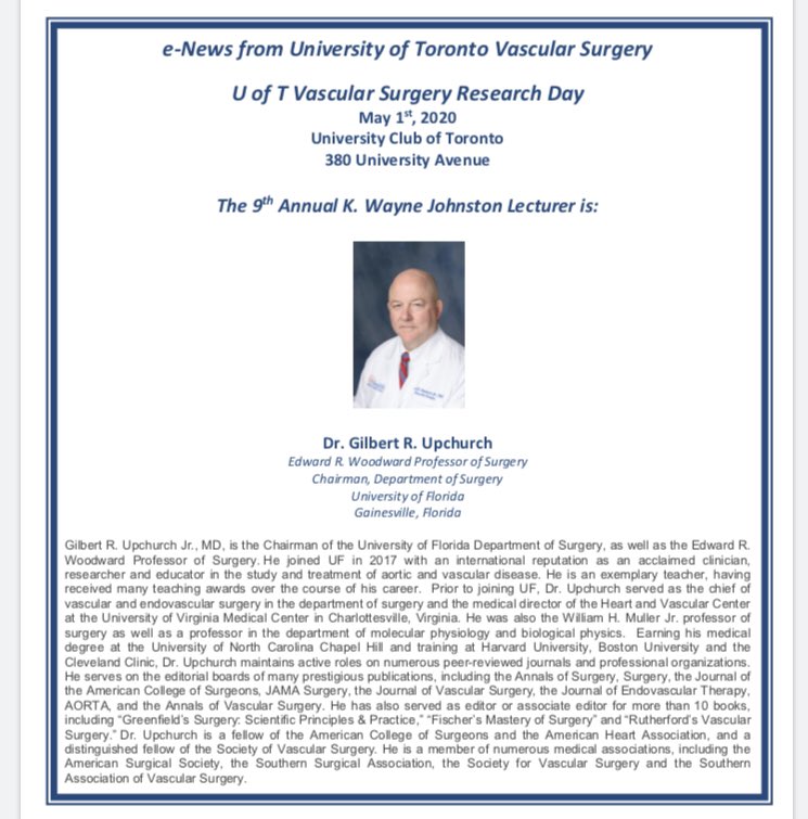 UofTVascular's tweet photo. We’re looking forward to our 2020 Research Day when @gru6n will join us from @UFSurgery as our 9th K. Wayne Johnston Lecturer! https://t.co/c61BAJqnfq