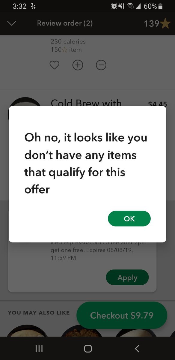 AnnaMNickel's tweet photo. @Starbucks having issues being able take advantage of the happy hour! Can you advise? This was on the cold brew. https://t.co/8hj7QbDVBi