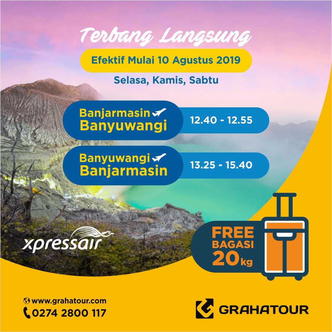 Hai Graha Mania ! #infopenerbangan #rutebaru
Kini Xpress Air terbang langsung dari :
Banjarmasin - Banyuwangi (PP)

Info Reservasi  :
Line  <a href="/grahatour/">Grahatour</a> | Whatsapp  08157927000 | 02742800117 
Open daily 07.00 - 21.30 wib
grahatour.com
Simple, Fast &amp; Cheap