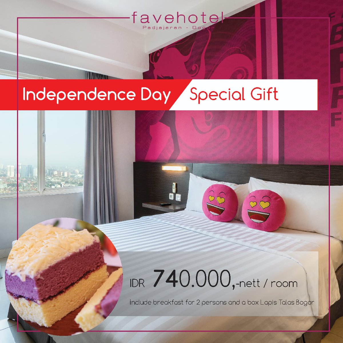 favePadjajaran's tweet photo. MERDEKA!! 
Celebrate your Independence Day with us.
Only IDR 740.000nett/room/night include breakfast for 2 persons and 1 box of Lapis Talas!

Visit our website https://t.co/Y3Krev4oDP https://t.co/J7KH53WFIJ