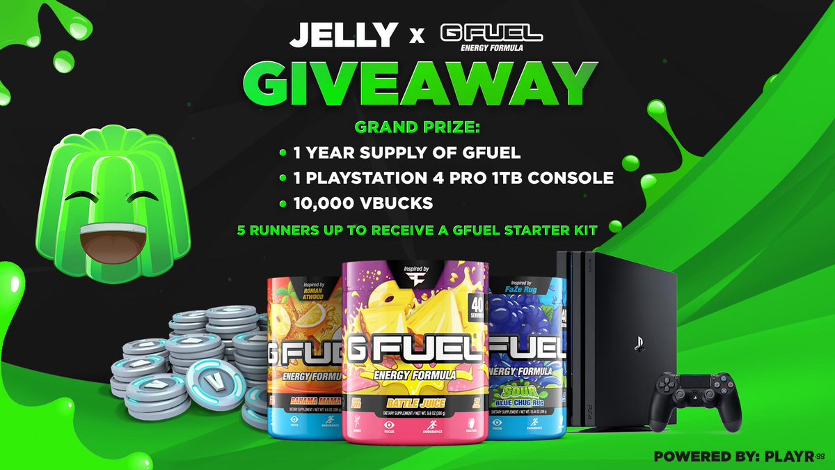 GFuelEnergy's tweet photo. 🏆 @JeIIy x #GFUEL x @PLAYRgg🏆

With the help of our friends Jelly + PLAYRgg, we've brought you all this spicy giveaway!

🎟️ 1 Year Supply of GFUEL + 1TB PS4 Pro &amp; 10,000 vBucks!
❤️ Like + RT + Follow
🤝 Tag 3 Friends

⬇️ ENTER FOR FREE! ⬇️
https://t.co/bDxhKnA9cB https://t.co/fyVhroU88F