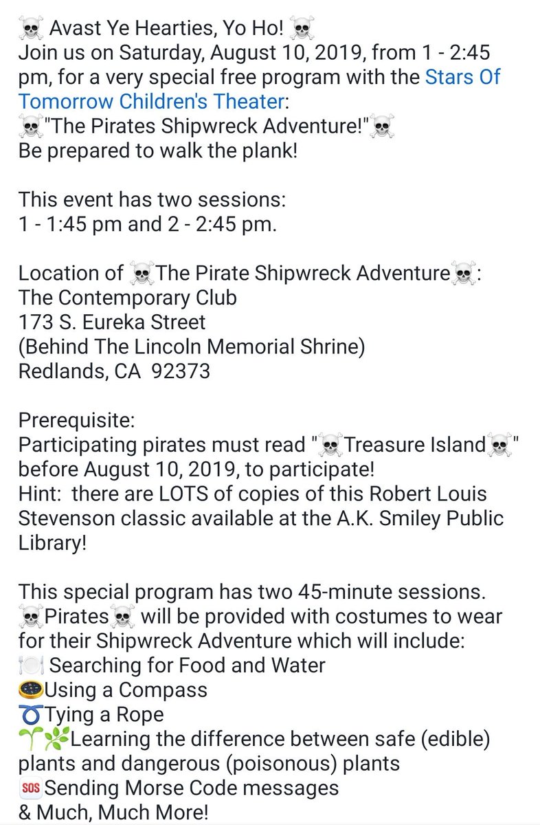 StarsOTomorrow's tweet photo. The Pirates Shipwreck Adventure is Saturday, August 10th, at the Smiley Public Library in Redlands. There's still time to reserve your child's spot!
#Redlands #childrenstheater https://t.co/I9nJVqyJ8A