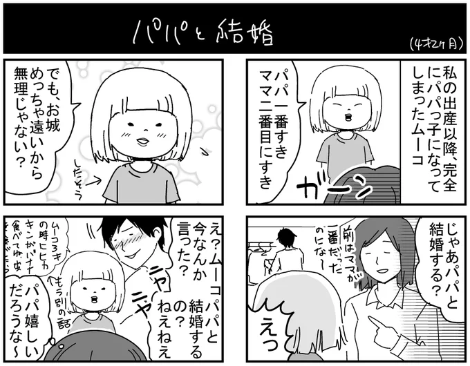 いつの間にか「結婚」という言葉を知っていたムーコ。お城でするものだと思っているらしい。
#育児漫画 