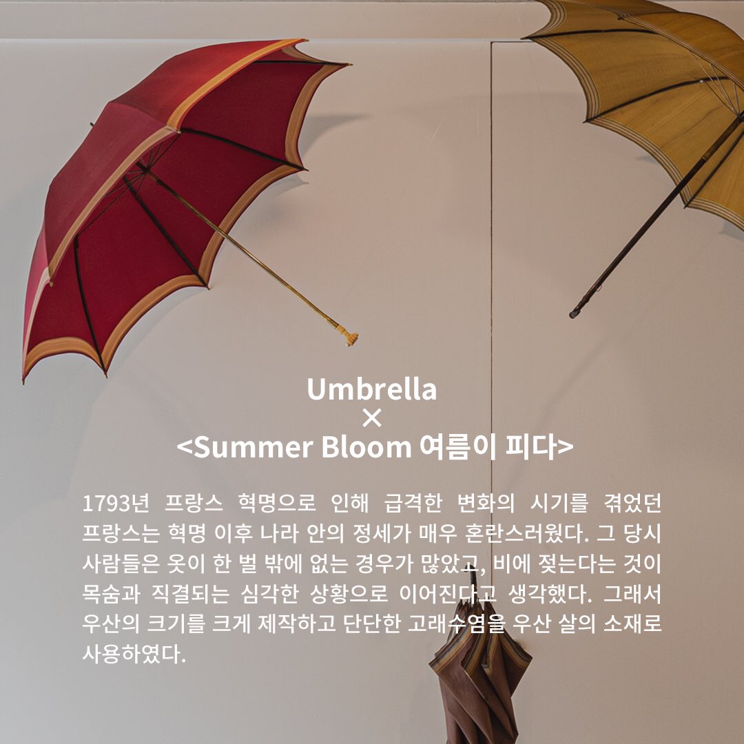 Platform_L's tweet photo. <Summer Bloom 여름이피다> 전시 기간동안 우산에 관한 다양한 이야기를 소개하는 TMI STORY!

#.4 Umbrella x <Summer Bloom 여름이 피다>

알고 보면 더 흥미로운 전시 작품 속 비하인드 이야기를 소개합니다. https://t.co/isnn0ep51R