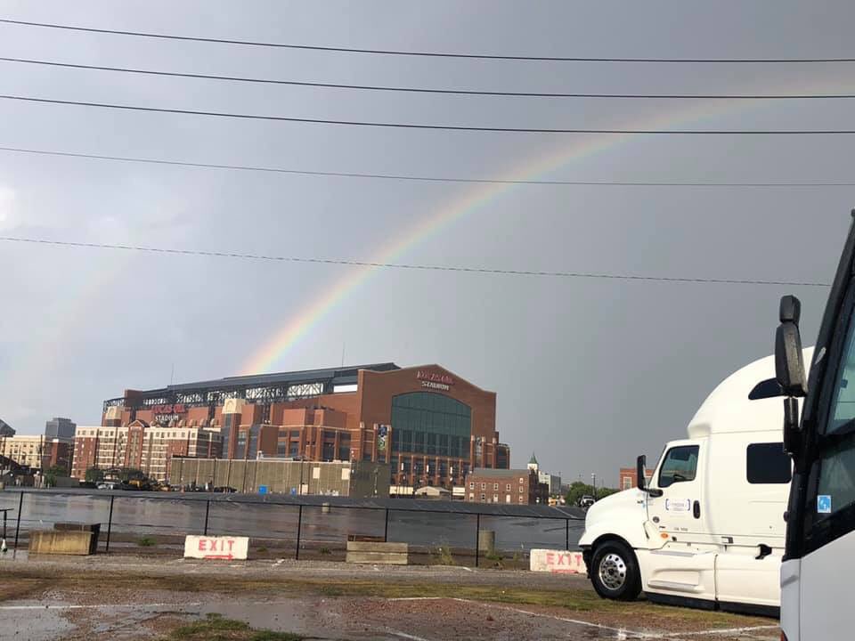 TheCavaliers's tweet photo. We rolled up to a rainbow greeting us at Lucas Oil Stadium! Something tells us this is going to be an amazing prelims run 🌈💚
Photo taken by Ryan Malburg https://t.co/roHdupfGko