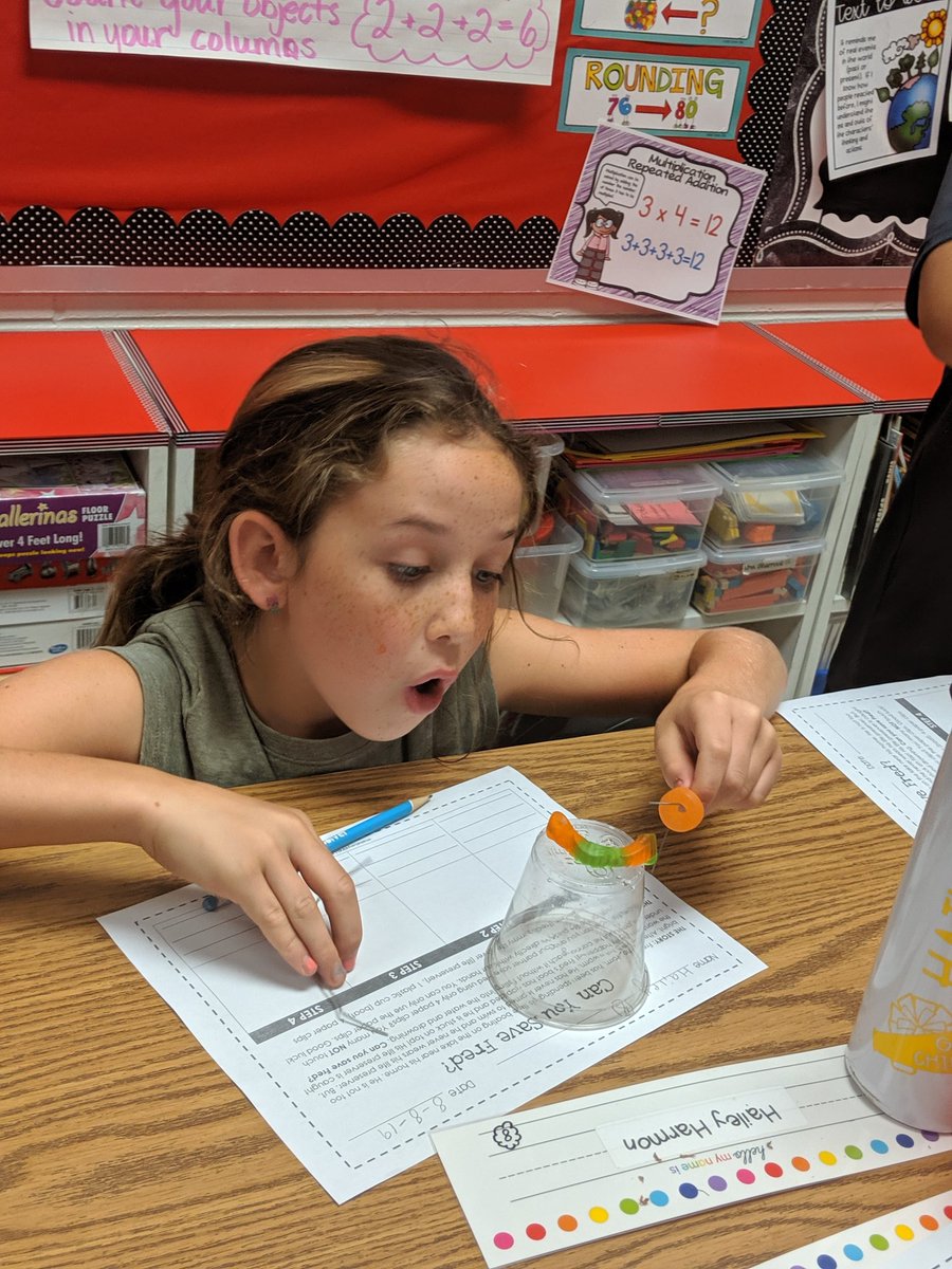 MrsSharrock's tweet photo. Today we tried to save Fred, our gummy worm, when his boat capsized and left him stranded. We could only use 2 paperclips to rescue him. Some of us were successful ❤️ We learned to save him using the Scientific Method #tbirdfam https://t.co/JXxdr0SD5U