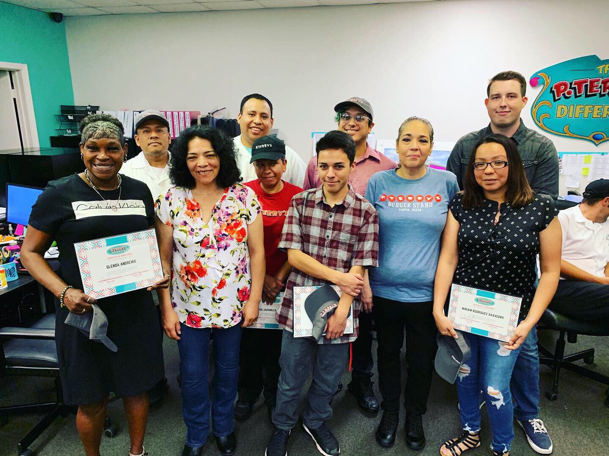 pterrys's tweet photo. This week we got to recognize the best of the best from our P. Terry’s family. We are so proud to present “Gray Hats” to the standout crew member from each location, as selected by their GM. Congratulations and we are happy to have you on the #PTcrew! https://t.co/0jMtKOyuTS