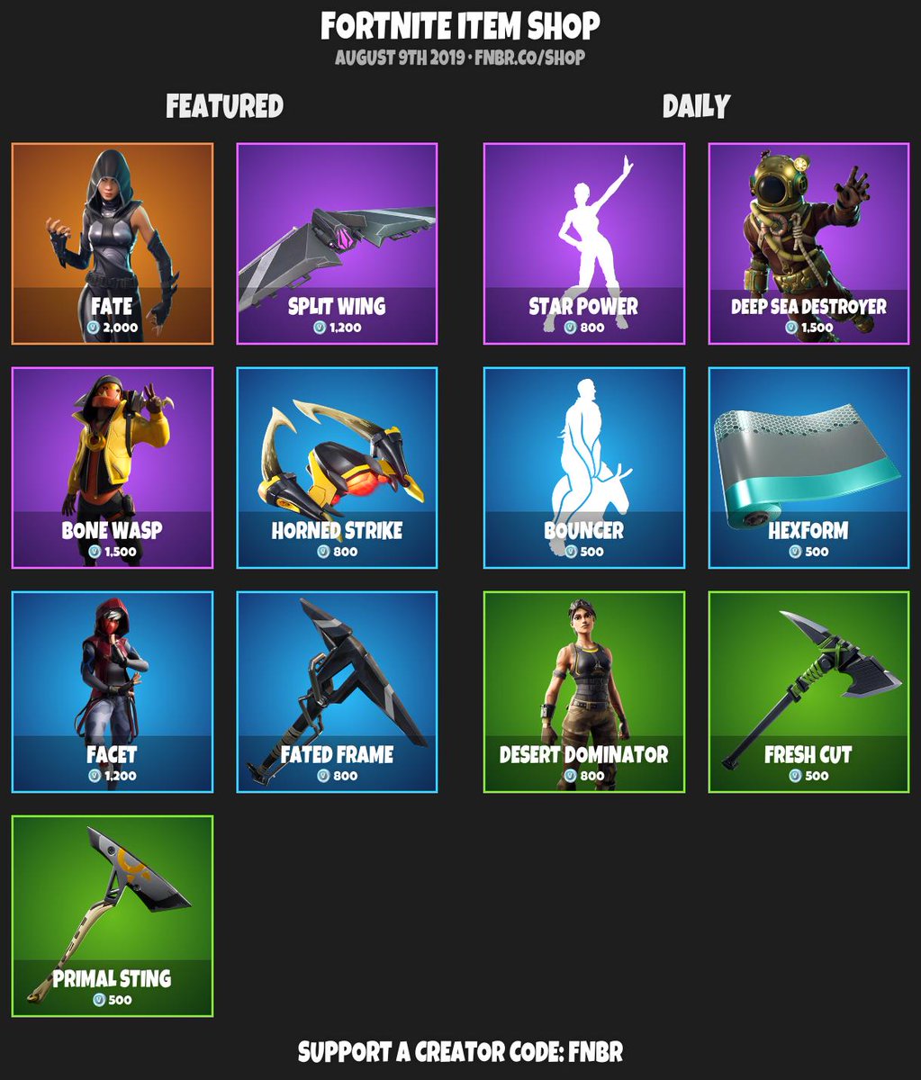 FortniteDaily's tweet photo. #Fortnite Item Shop for August 9th 2019 | https://t.co/NxpCkxMQqB
Use creator code 'fnbr' if you'd like to support us! https://t.co/IymGK8DhqT