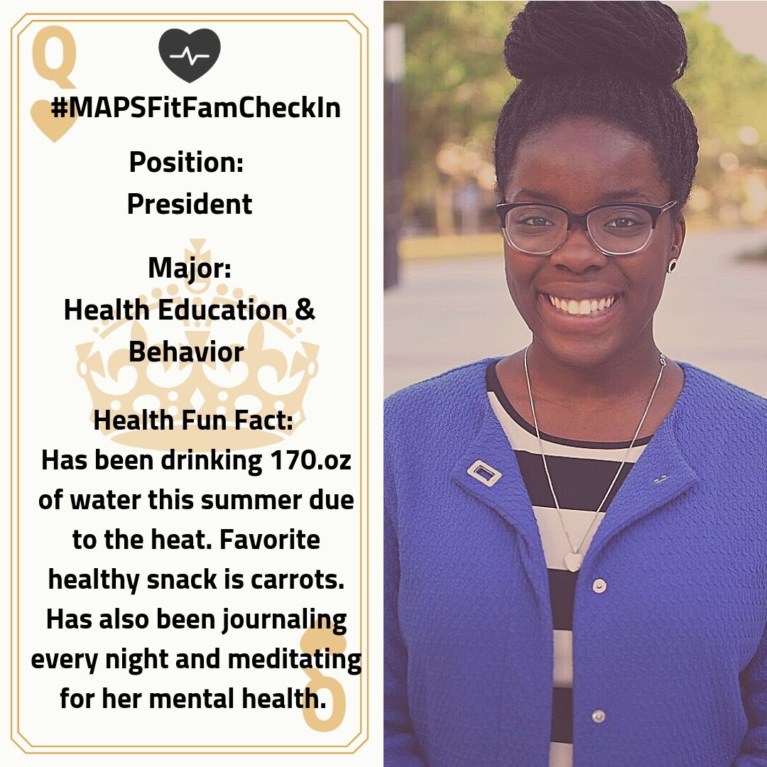 UFMAPS's tweet photo. We’re back with another #MAPSFitFamCheckIn e-board highlight! 💪🏾This week, we’re here to highlight our President, Amber Donald! Have you all been staying hydrated? The heat has not been merciful this summer. 😣 Stay tuned for our final highlight next week! #UF23 #UF22 #UF21 #UF20 https://t.co/FSCMY64L32