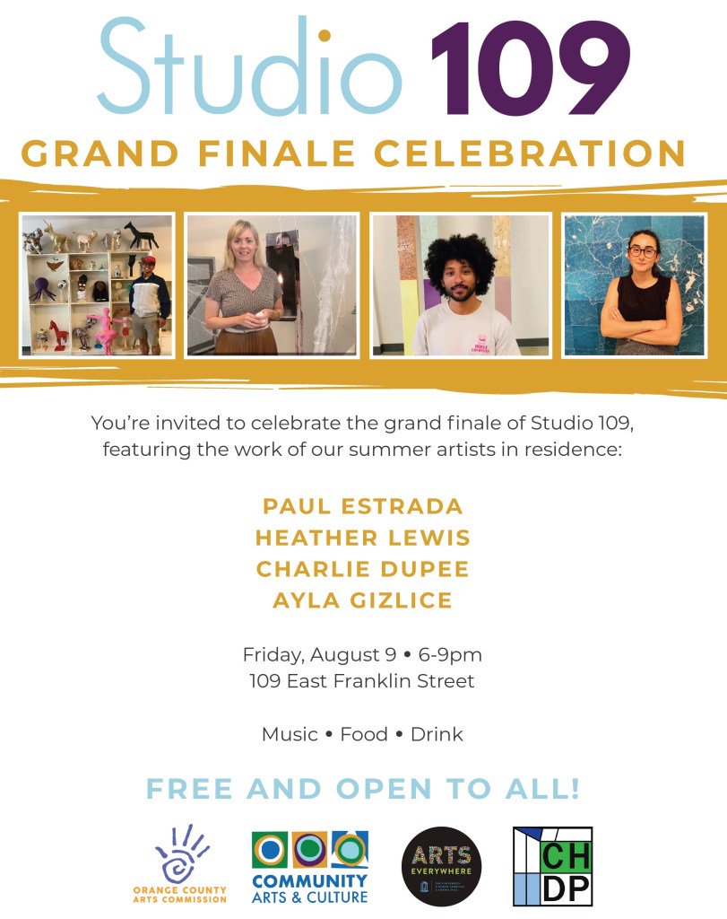 OCNCArts's tweet photo. Come celebrate an evening of art with the Studio 109 Grand Finale this Friday! Stop by to view the work of our summer artists in residence and enjoy some light refreshments.

@CHCommunityArts  @CHDPartnership  @ArtsEverywhere

#studio109 #creativeorange #chapelhill https://t.co/uKT4buglwP