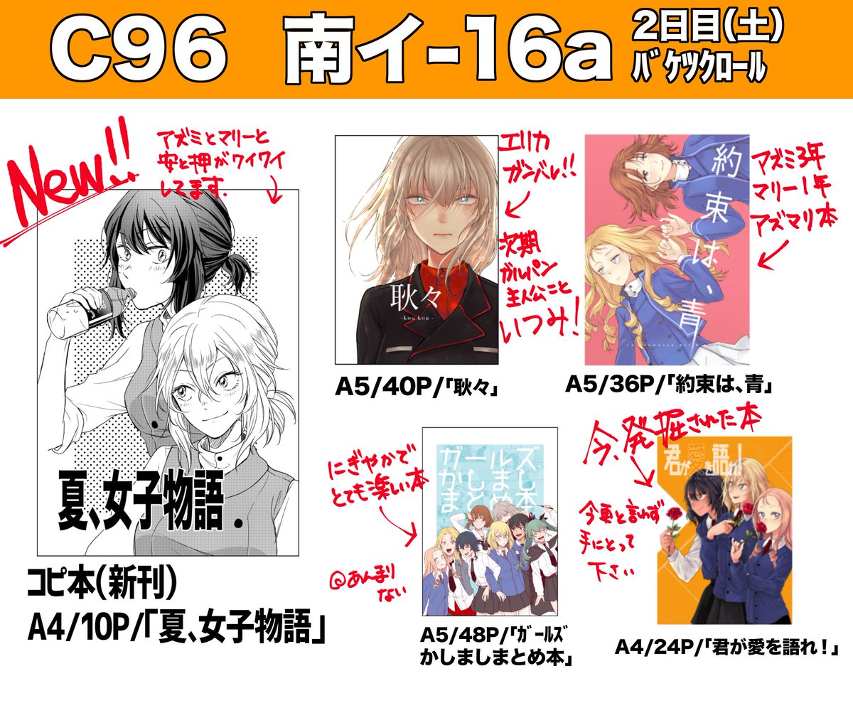 C96 2日目南イ16aの本です!!!お疲れ様です!!!これはサンプルとお品書きです!!新しいのはBC自由の3人+アズミが戯れる10Pのコピ本のみ、他は既刊ですが色々あってきっと楽しいので是非ともよろしくお願い申し上げ!!!! 
