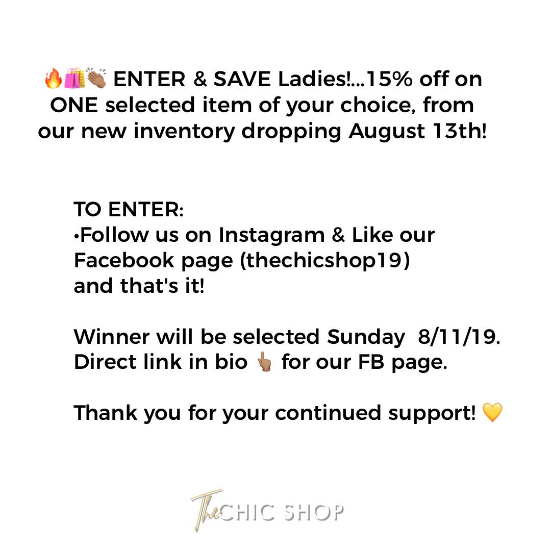 🔥🛍️👏🏽 ENTER &amp; SAVE Ladies!...15% off on ONE selected item of your choice, from our new inventory dropping mid-August!
.
Just follow us on Instagram (_the_chic_shop) &amp; Like our Facebook page (thechicshop19) Winner will be selected Sunday 8/11/19.

#dallasfashion #summersale
