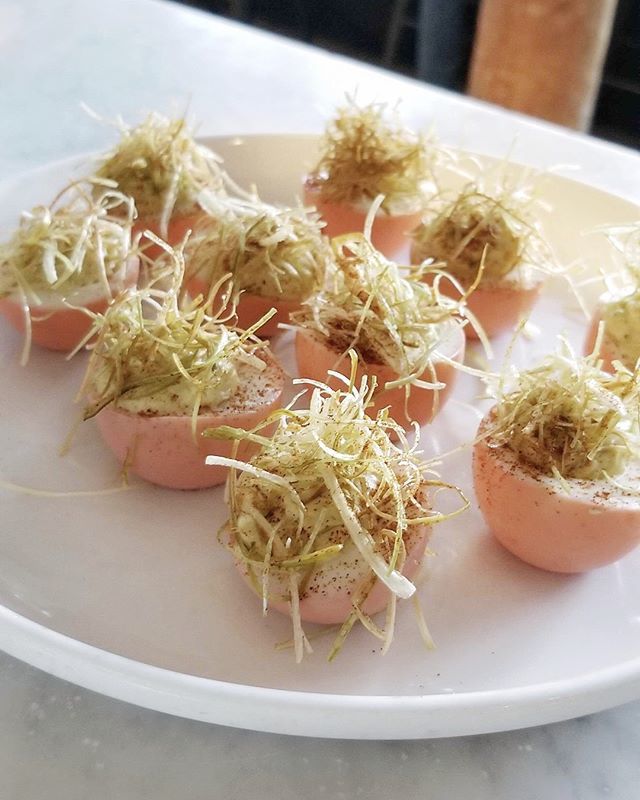 Achiote deviled eggs! Find them on our all-day menu Monday through Friday (yes, we are now open on Mondays!) and our weekend afternoon menu! ift.tt/2YANoXo