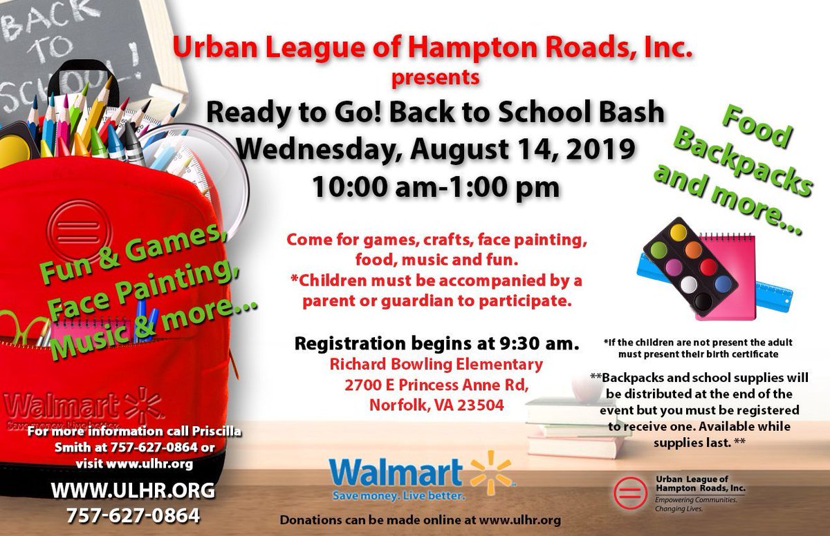 UrbanLeagueHR's tweet photo. 🔥AUGUST 14TH Save the Date & Get involved! 🔥ULHR "Back To School" Bash! We thank you for your shares and engagement. Thank you for your support @ulhryp @walmart #walmartaction #Back2School #ulhr #schoolsupplies #backpacks #1stdayofschool #757 #norfolkpublicschools https://t.co/1tC4TTfFsS