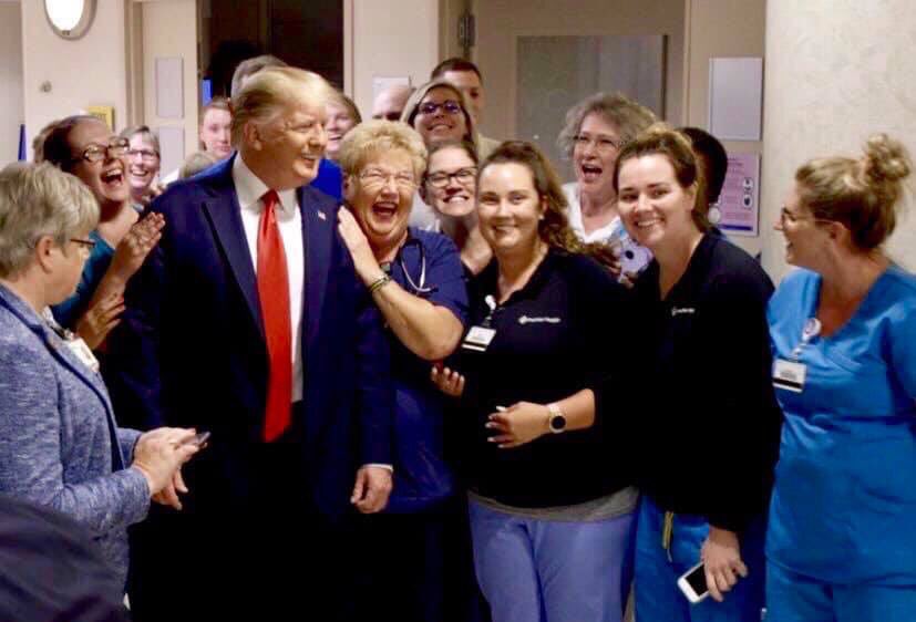 jgreenSTPA's tweet photo. When I initially saw this picture I thought, “wow, what a jovial group of Nurses, considering the horror that unfolded in that city”. It was confusing to me. From what I hear some are not even Nurses, but arrived early to see Trump. #stagedreality #TrumpIsADisgrace https://t.co/G2LWxaqXQI
