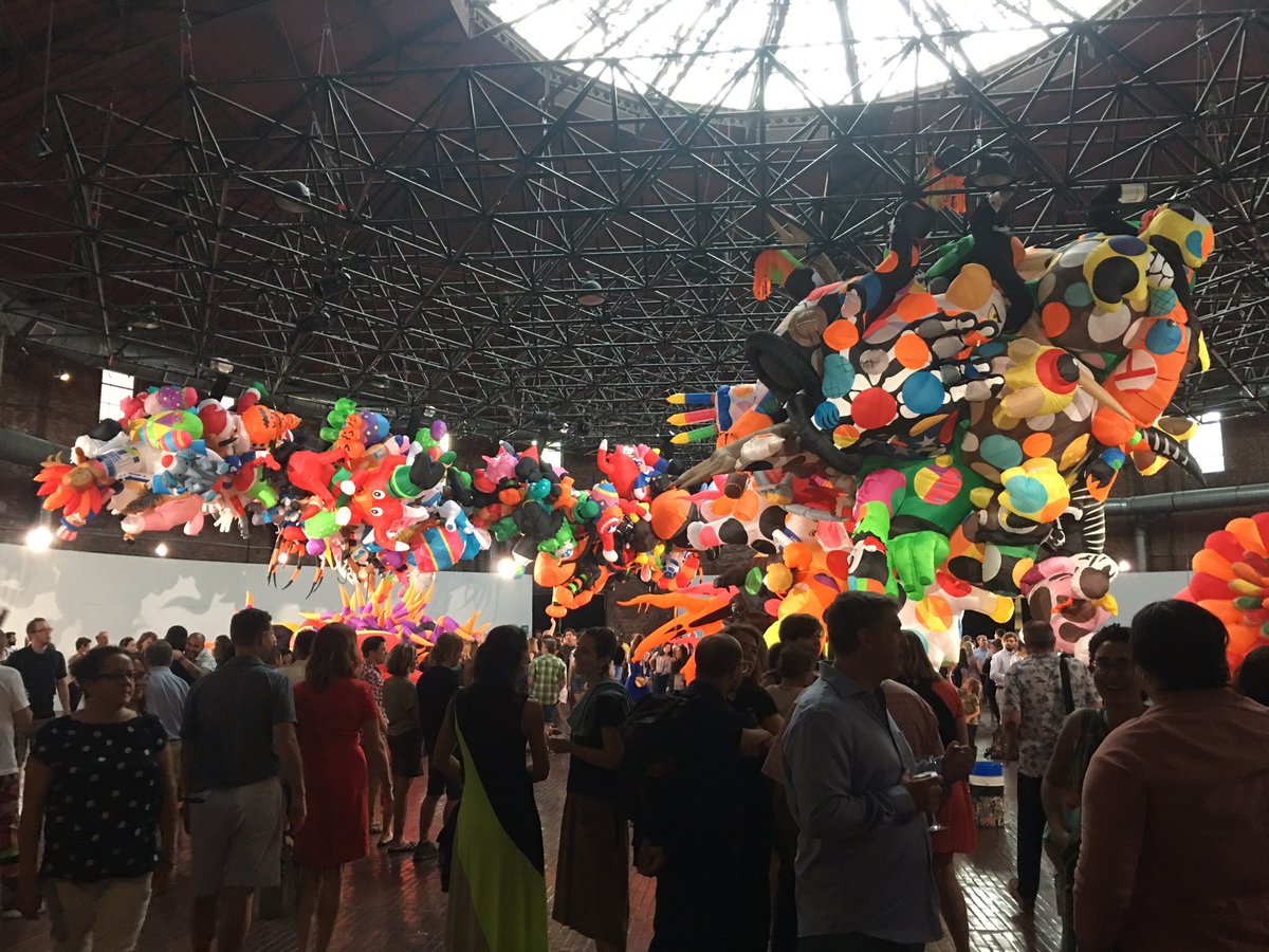 AwakeningNature's tweet photo. Basking in all the JOY at the Nick Cave and @now_and_there #Augment opening night! 1K nylon pieces hand-sewn and suspended in air. A feast for the eyes. ππππβ€οΈπ§‘ #joyplusplus #publicartcity https://t.co/zXd6394WrQ
