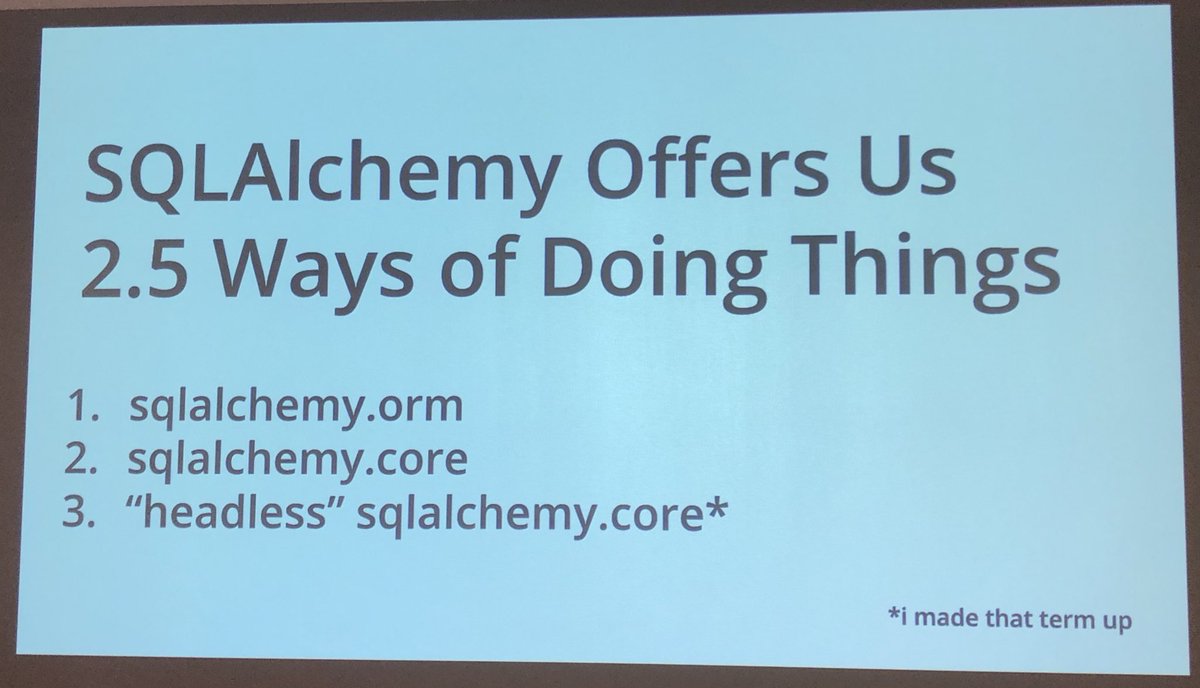 .<a href="/whole_grainsley/">Ainsley</a> discussing the philosophical underpinnings of <a href="/sqlalchemy/">SQLAlchemy</a> and the different problems the library allows us to solve.

This was Ainsley’s first talk as a tech professional! Would not believe it if he didn’t tell us! Correction: first of many! Great job! 🙌 #ChiPy