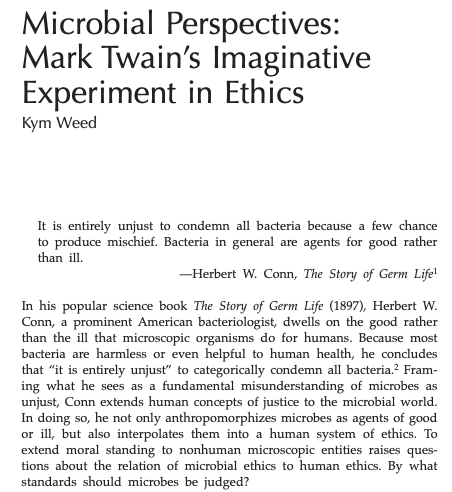 KymWeed's tweet photo. My Literature & Medicine article about microbes and Mark Twain is out in the world! https://t.co/uXZ6xfJQza I'm happy to share a PDF with anyone who does not have access. https://t.co/Cb5O0MY9sT
