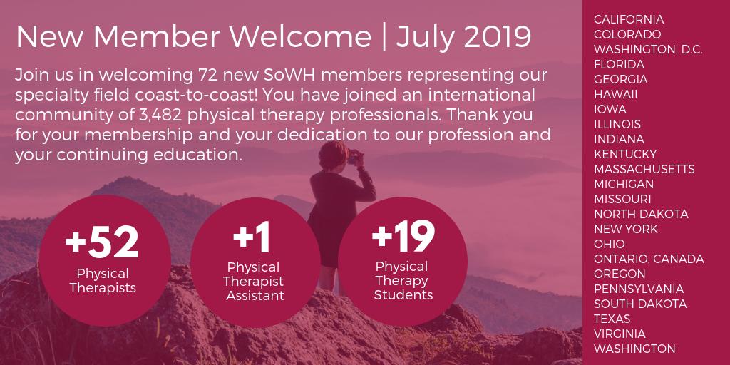 aptapelvic's tweet photo. We are EXCITED to welcome 72 brand new members to SoWH from this past July 2019! If you've recently joined, login to your account and say hello in Social Link, our member-only online social network, led by your fellow members! https://t.co/NHtWLRzzW8
#membership #APTA #SoWH https://t.co/Gc8XO4mpEU