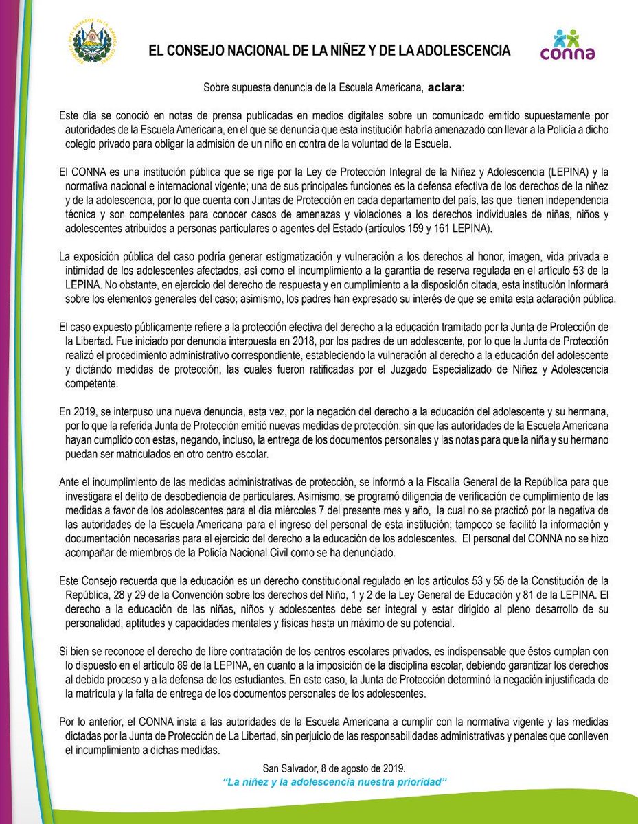 CONAPINA (@conapina_sv) on Twitter photo Comunicado del CONNA sobre supuesta denuncia de la Escuela Americana.
<a href="/PGR_SV/">PGR El Salvador</a> <a href="/EducacionSV/">Ministerio de Educación</a> Comunicado del CONNA sobre supuesta denuncia de la Escuela Americana.
<a href="/PGR_SV/">PGR El Salvador</a> <a href="/EducacionSV/">Ministerio de Educación</a>