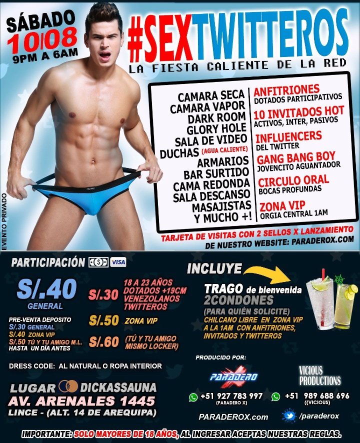 Otro invitado HOT que estará presente en evento #SexTwitteros desde las 9pm en Av Arenales 1445 🍑. No te lo pierdas!! 😝