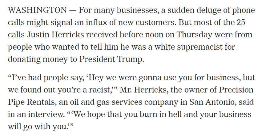 AndrewHClark's tweet photo. One Trump donor Joaquin Castro targeted on Twitter received 25 phone calls before noon.

"We were gonna use you for business, but we found out you’re a racist. We hope that you burn in hell and your business will go with you."

Thanks @JoaquinCastrotx! Big public service here. https://t.co/X5epowhFxh