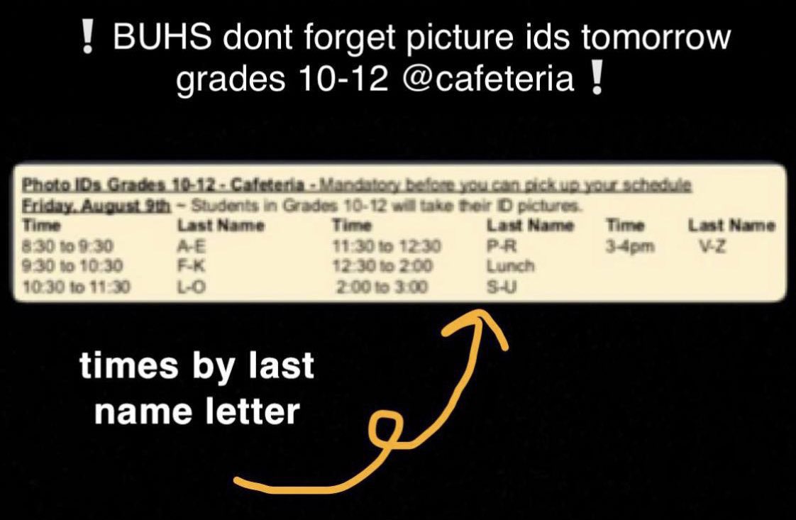 BUHSASB_'s tweet photo. ‼️Don’t forget IDs tomorrow Friday August 9th for grades 10-12 @ cafeteria‼️ https://t.co/4eGVl0dHPj