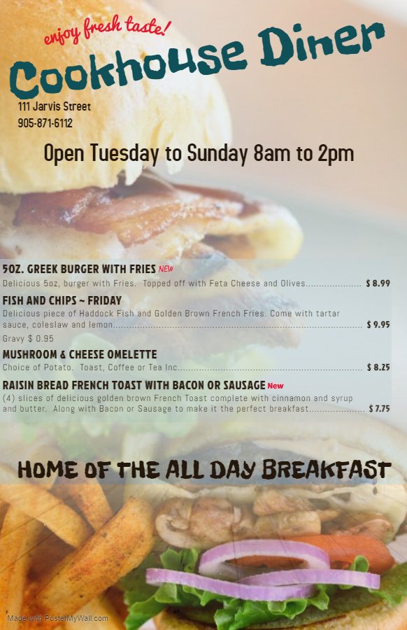 Friday is Fish Fry Day.  Come on out and enjoy our delicious haddock fish and chips along with some of our other daily specials.  New Raisin Bread French toast the Bacon or Sausage.  The perfect breakfast The Cookhouse Diner