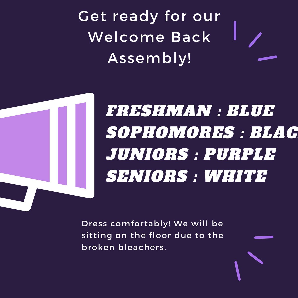 studentgovpchs's tweet photo. Get ready for our Welcome Back Assembly! Each class will wear a specific color (shown on picture). Please dress comfortably since we will be sitting on the gym floor (due to the broken bleachers). We’re so excited to see you all! 💜⚡️ https://t.co/s5811yo3jQ