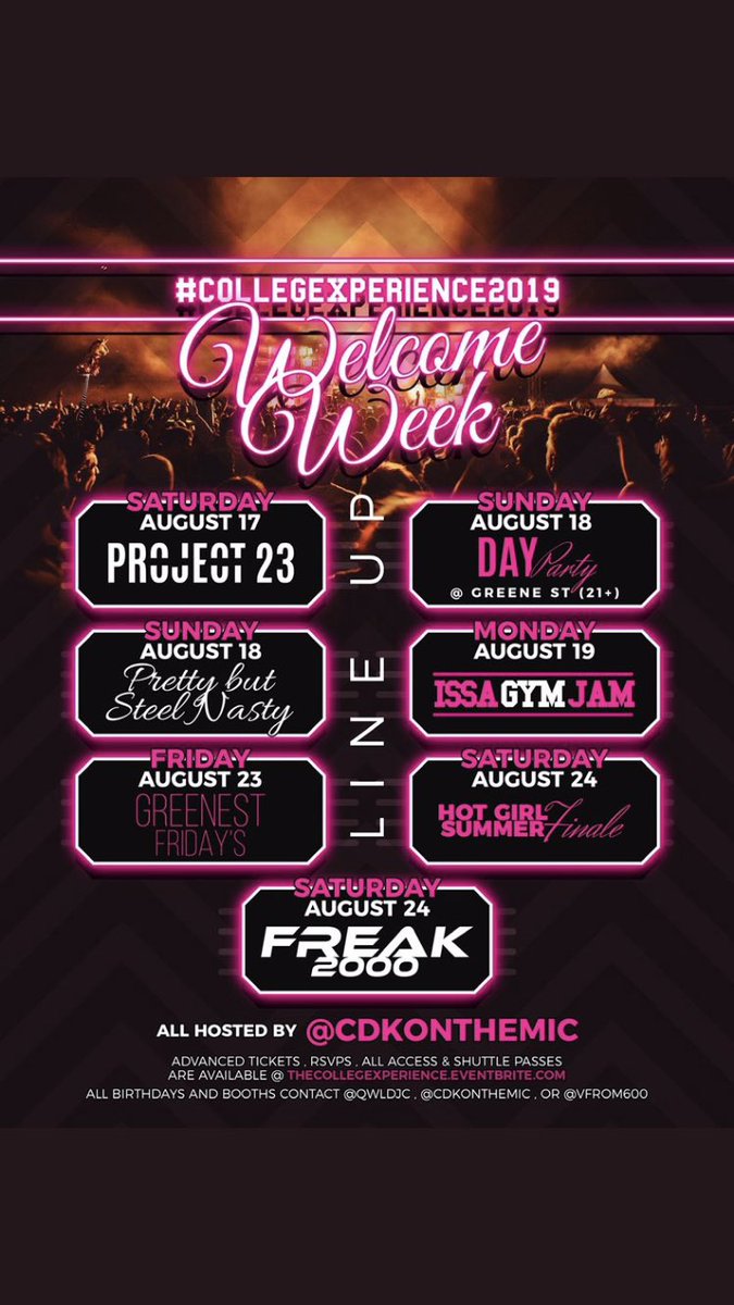 Bagchasa_99's tweet photo. #CollegeXperience2019 Circle the date📅 it’s only 9 days away 

8/17 #Project23
8/18 #PrettyButSteelNasty3
8/19 #IssaGymJam 
8/23 #Orientation 
8/24 #HotGirlSummerFinale 
8/24 #Freak2000s 

Make sure ya get them ticcets🎟  ⬇️
https://t.co/3VqcugJyQD

#LvlupEnt🚀 https://t.co/z6JAF8isLB