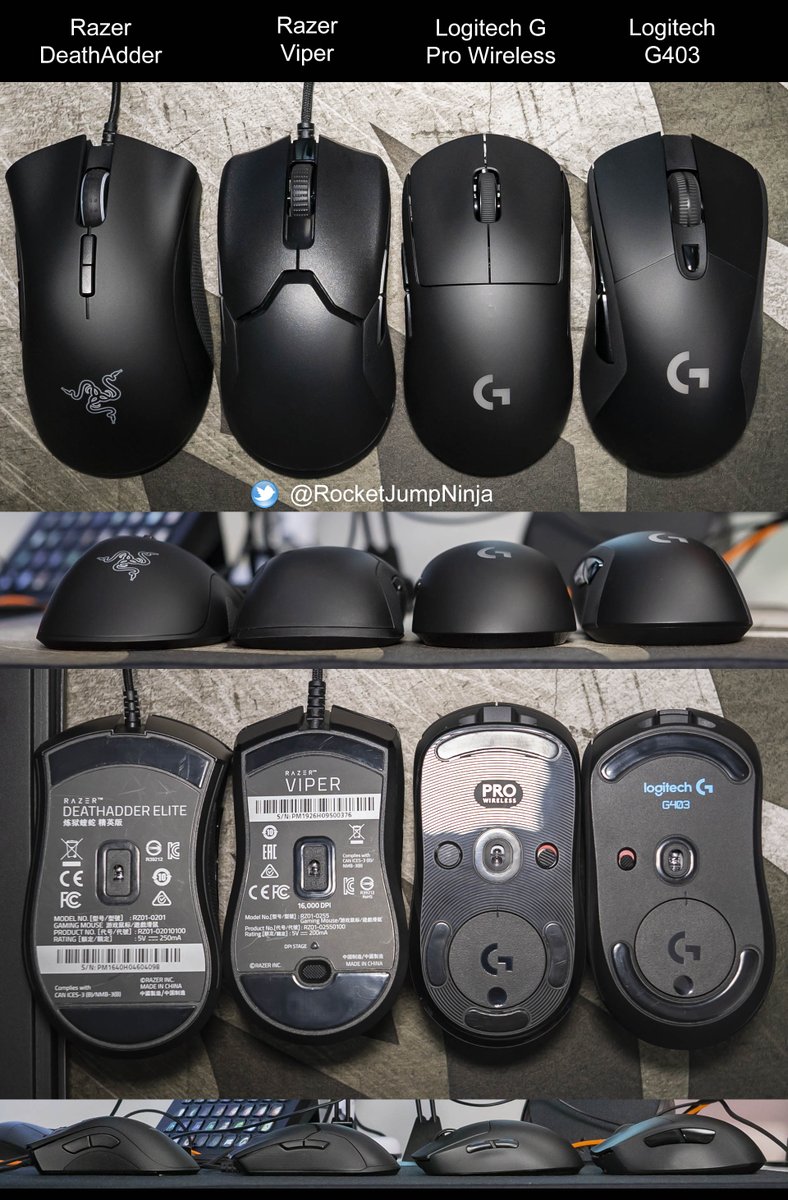 RocketJumpNinja's tweet photo. Building on the #RazerDeathAdder VS #RazerViper here they are with the #LogitechGProWireless and #LogitechG403
All unique shapes, Viper feels smallest, DA largest, but all top mice. As usual, choice depends mainly on hand size, grip style and what you want.
#MouseSizeComparison https://t.co/yKj7ux5nEd