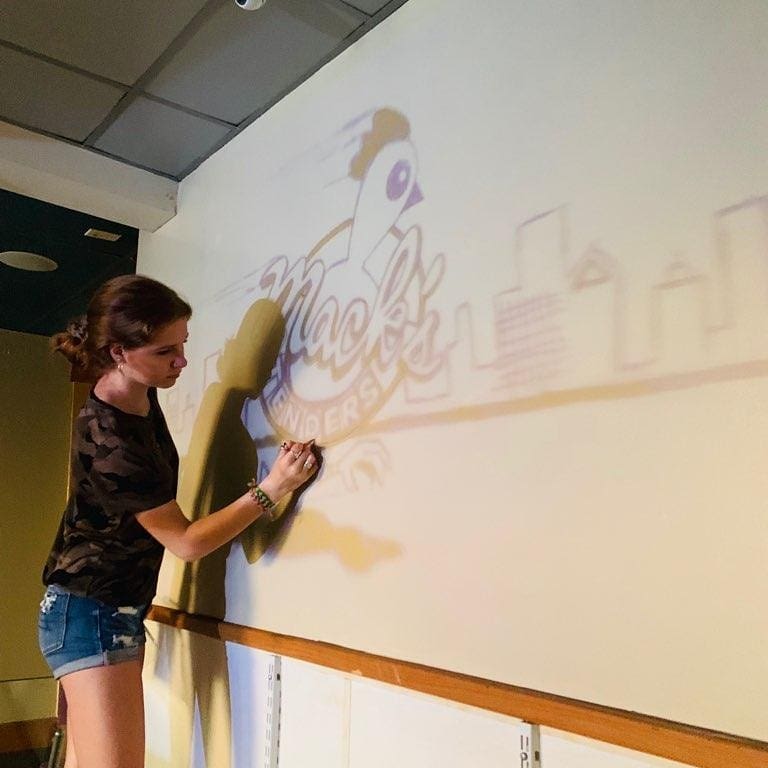 mackstenders201's tweet photo. Commissioned local artist Julia Espino to put up a mural on our wall! Can't wait to show off the finished mural!  
#mackstenders #localartist #cypresstx https://t.co/w5ghgCNT5O