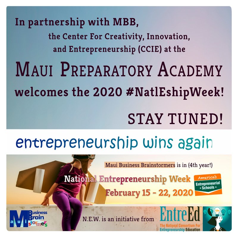 MauiBizBrain's tweet photo. In 2020, MBB to take (2nd year in a row) its "Entrepreneurship Program at Schools" to Maui Preparatory Academy.
#Maui #Hawaii #HighPerformanceSchools #K12schools #MauiPreparatoryAcademy #NatlEshipWeek #EntrepreneurshipProgram #Entrepreneurship #LocalSchools #MauiSchools https://t.co/NfhMyKmi6O